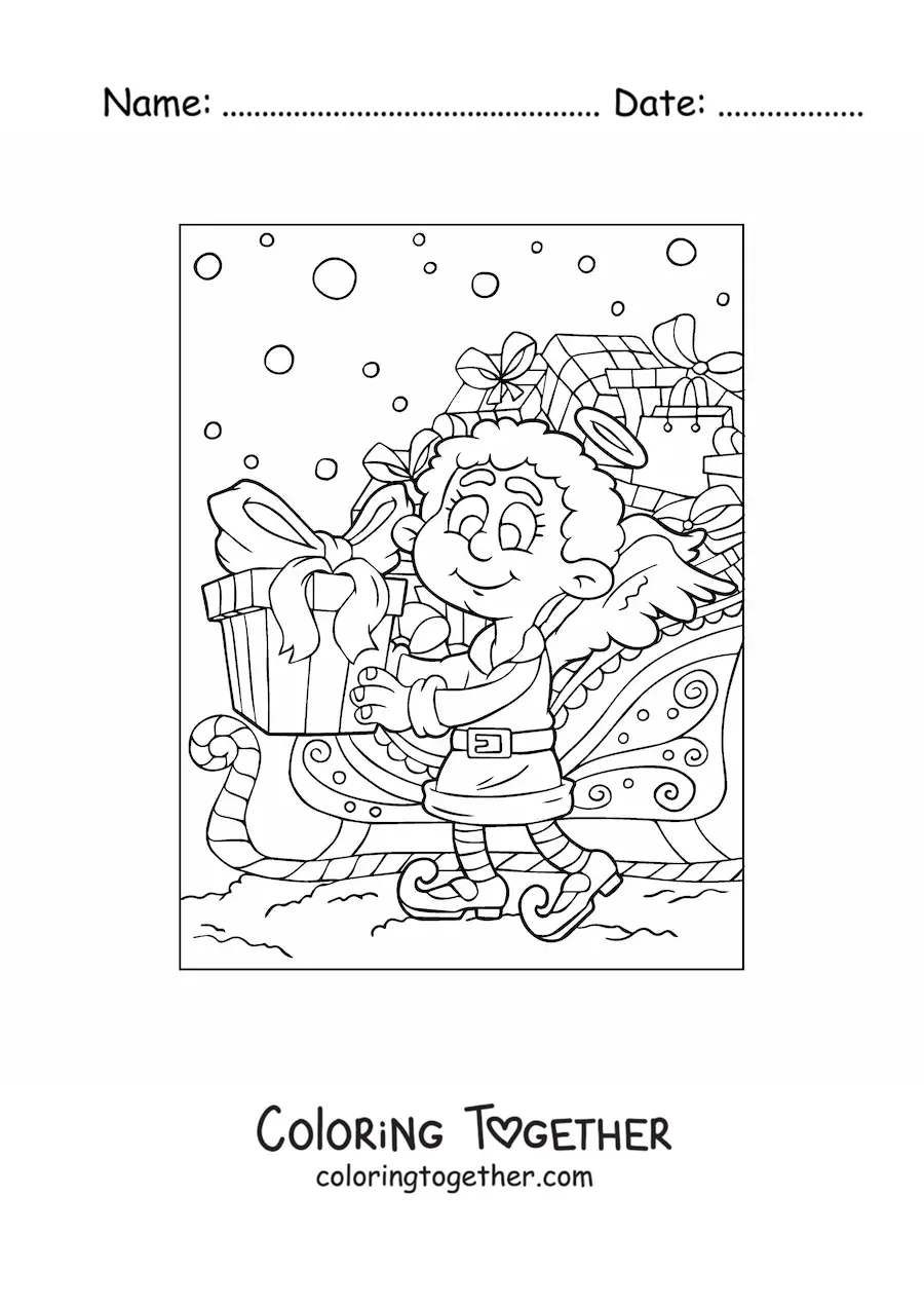 Coloring page of a cartoon Christmas angel with gifts