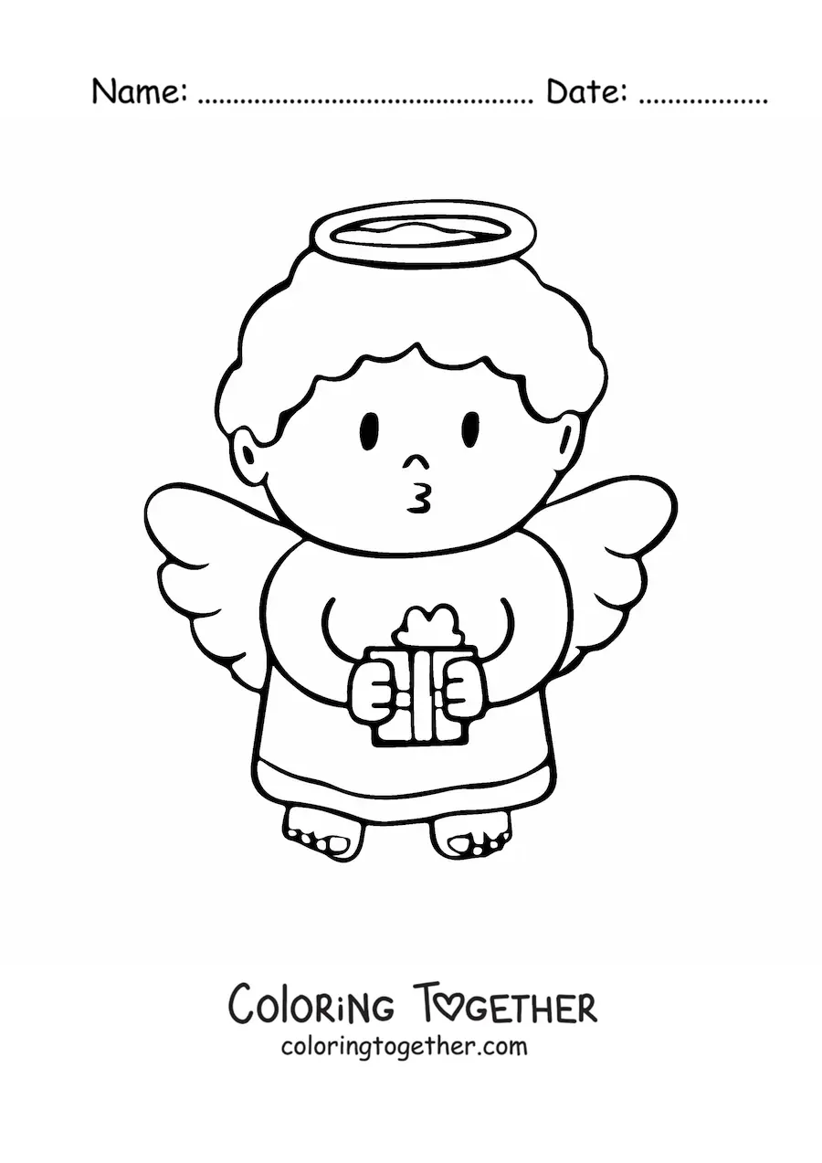 Coloring page of a Christmas angel with a gift