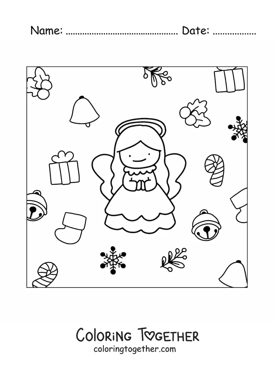 Coloring page of an angel with Christmas ornaments