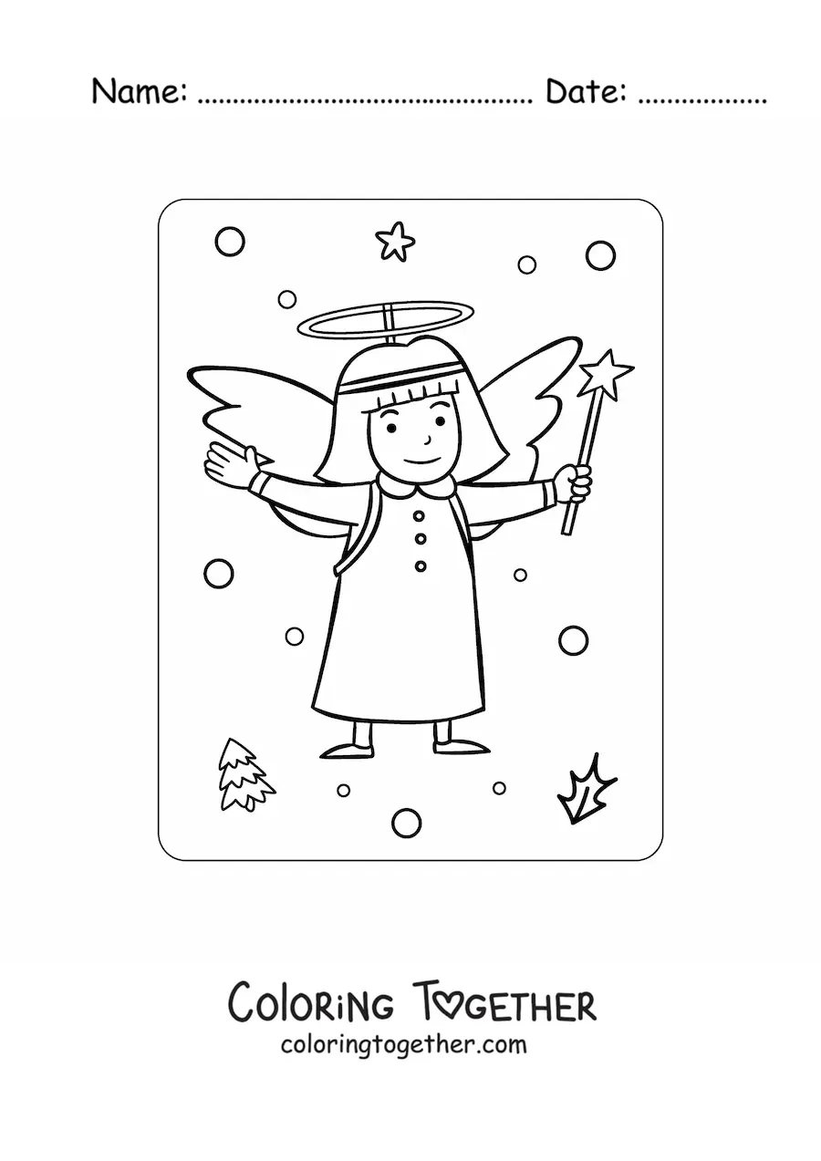 Coloring page of a girl dressed as a little Christmas angel