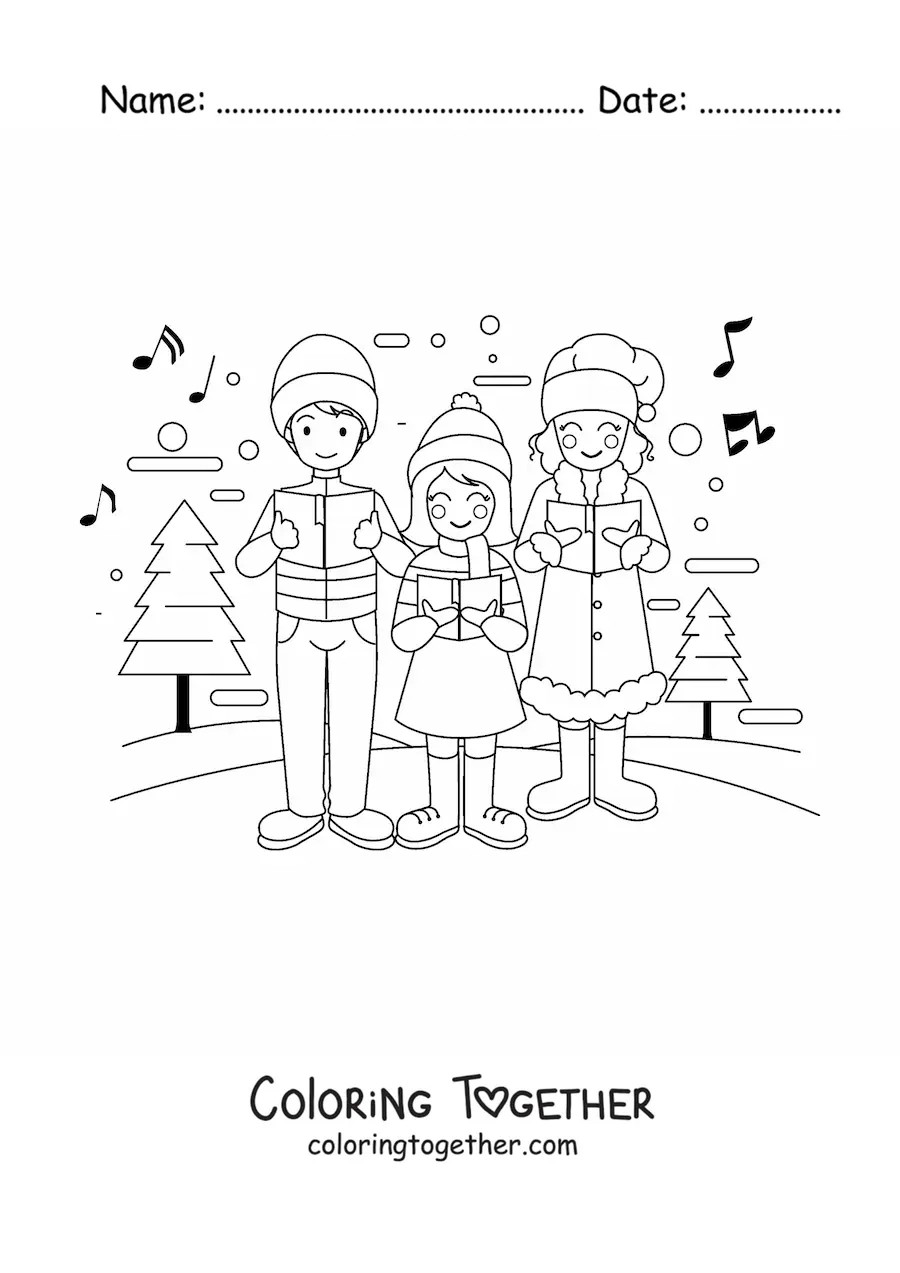 Coloring page of a family singing Christmas carols