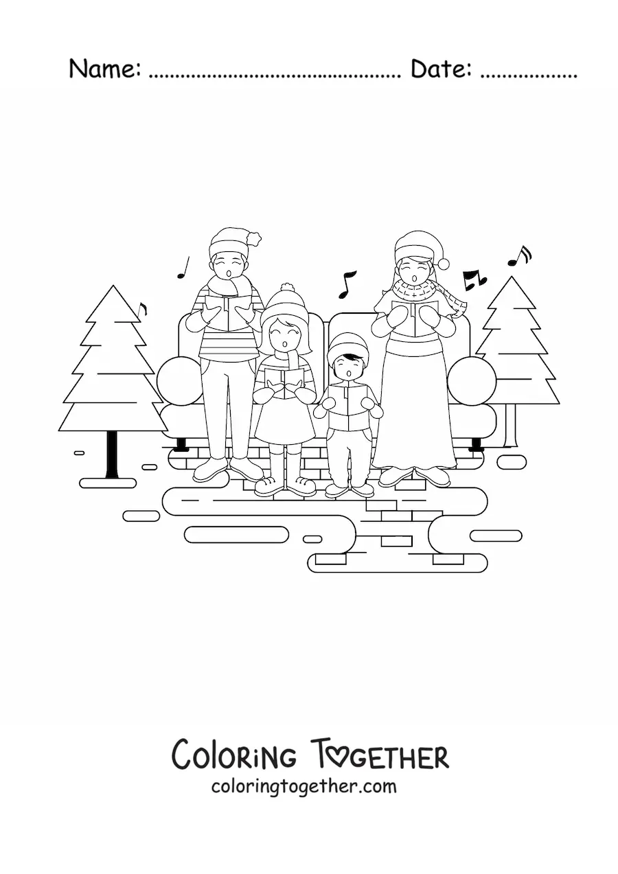 Coloring page of a large family singing Christmas carols