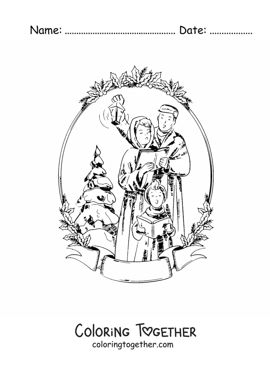 Coloring page of a vintage family singing Christmas carols