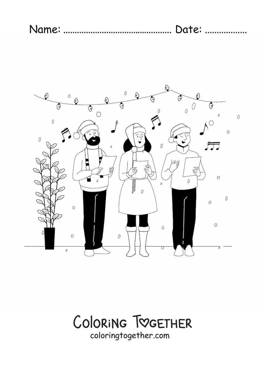 Coloring page of adults singing Christmas carols