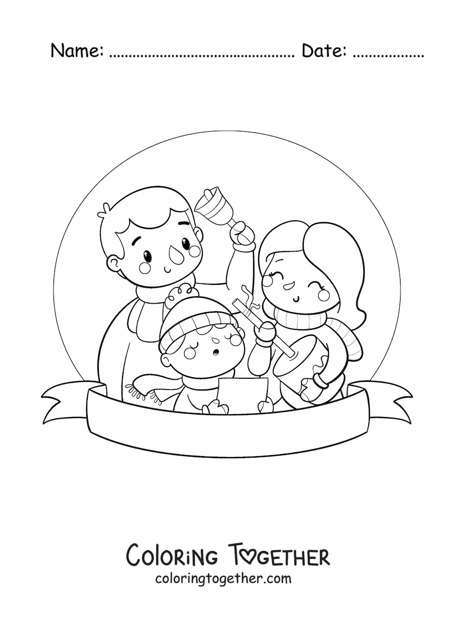 Coloring page of a boy and his family singing carols to the Baby Jesus