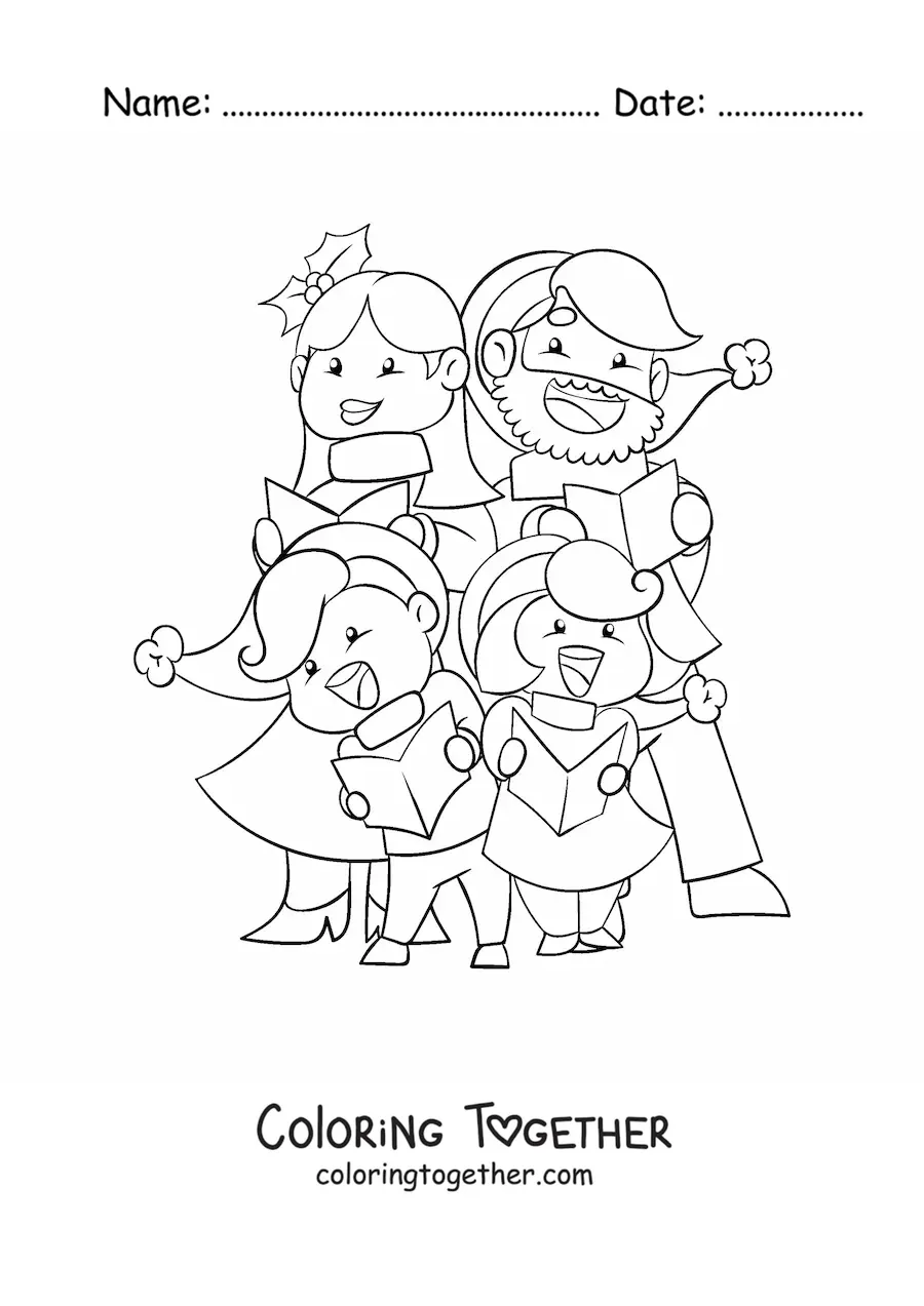 Coloring page of a family joyfully singing Christmas carols