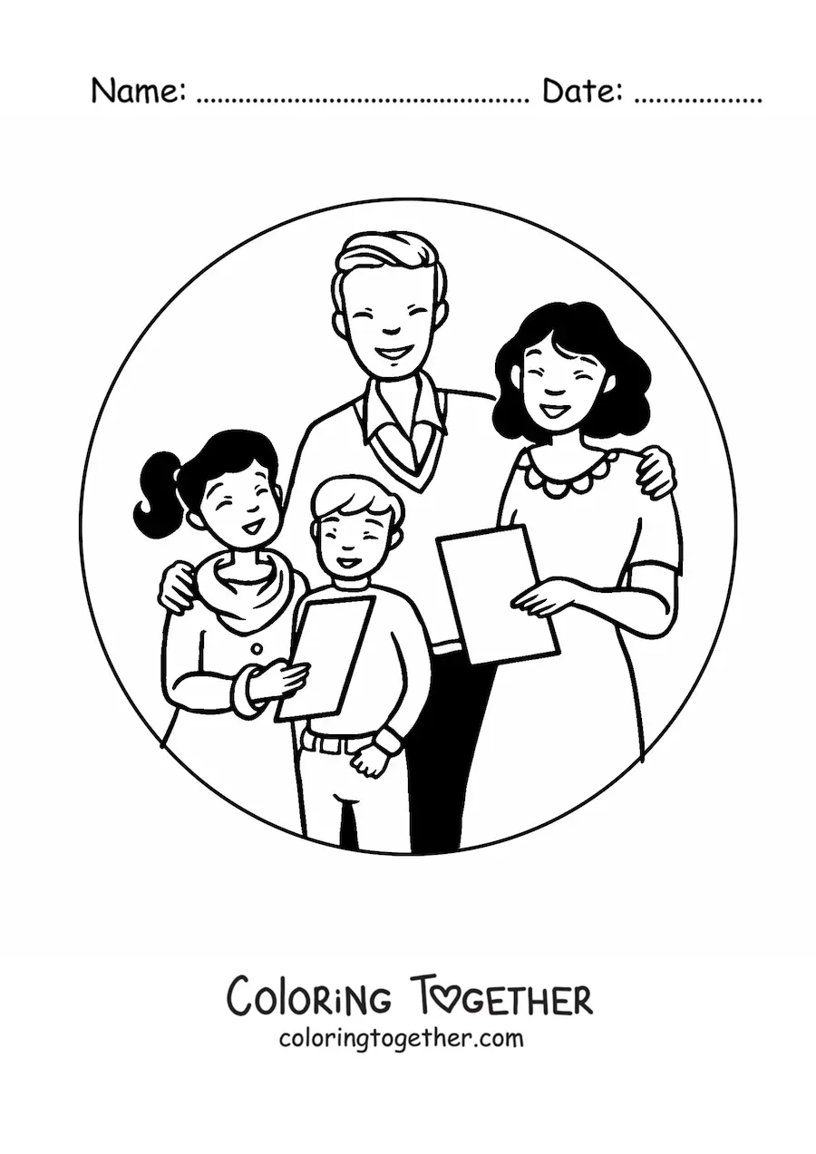 Coloring page of a close-knit family singing Christmas carols