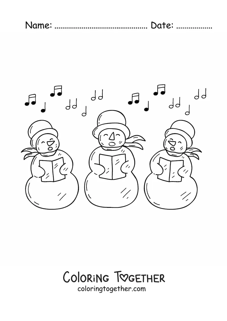 Coloring page of cartoon snowmen singing Christmas carols