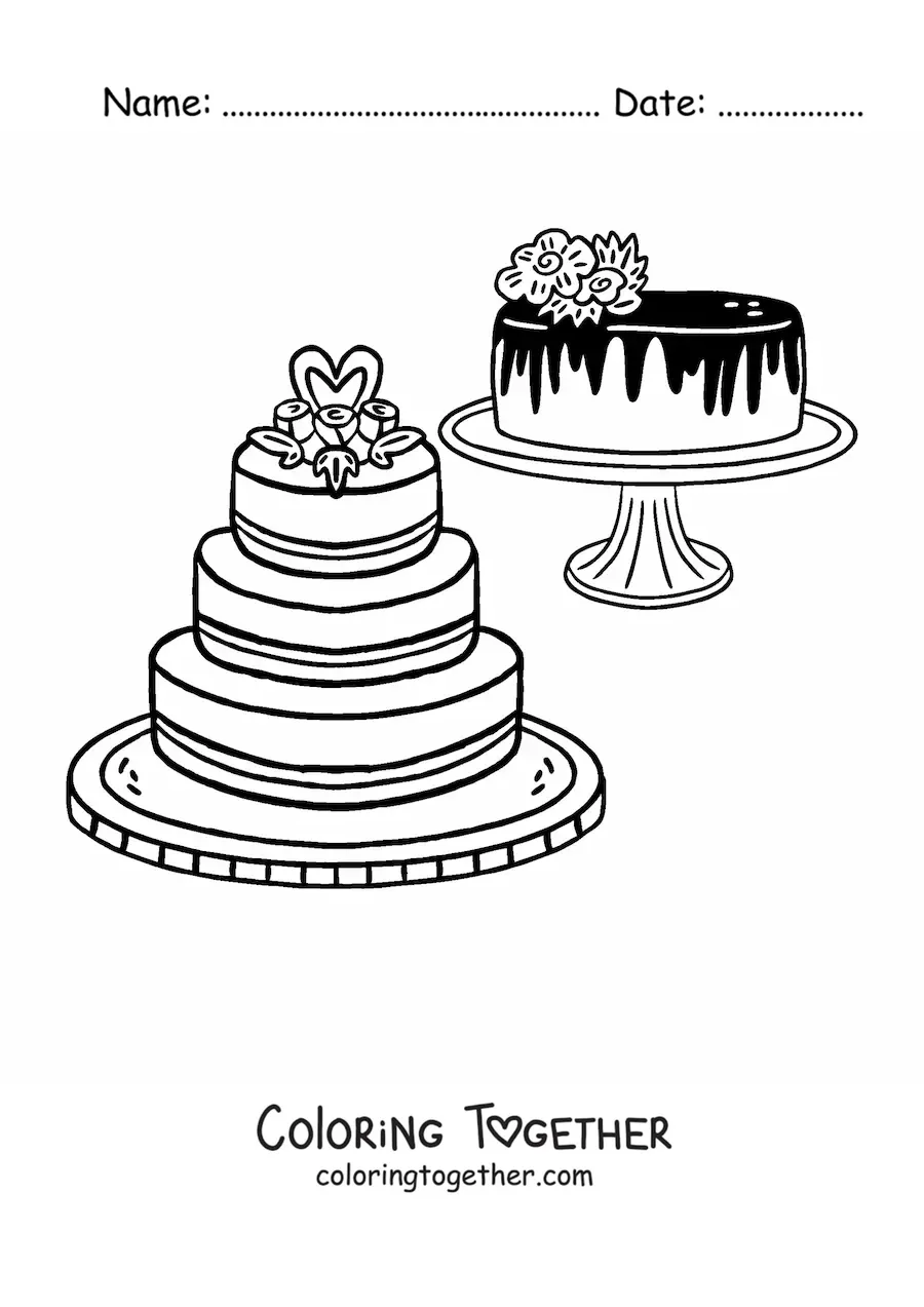 Coloring page of two wedding cakes