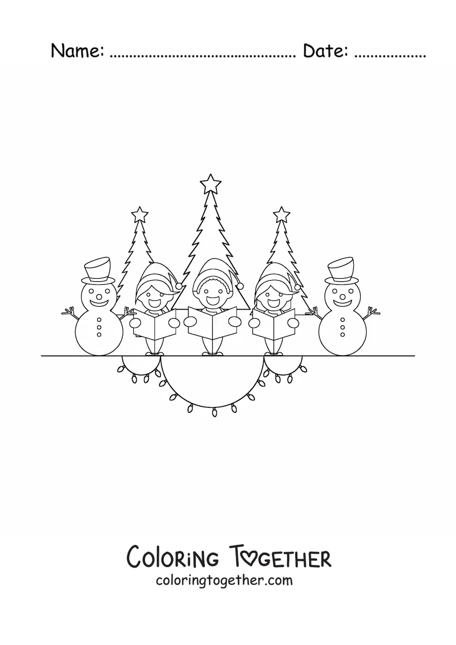 Coloring page of children and cartoon snowmen singing Christmas carols