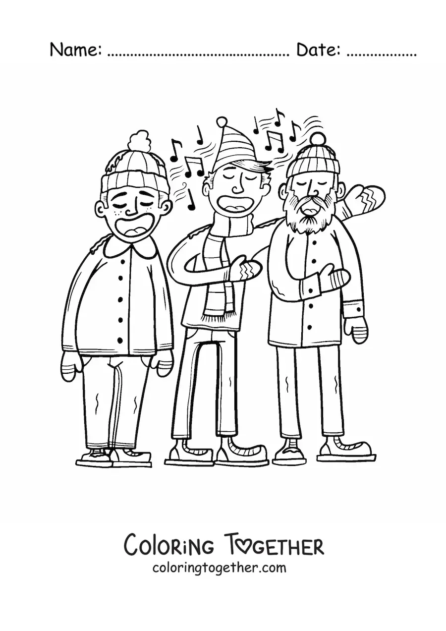 Coloring page of men singing Christmas carols