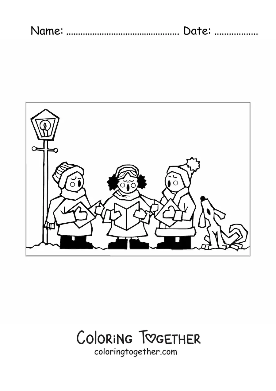 Coloring page of children and a dog singing Christmas carols