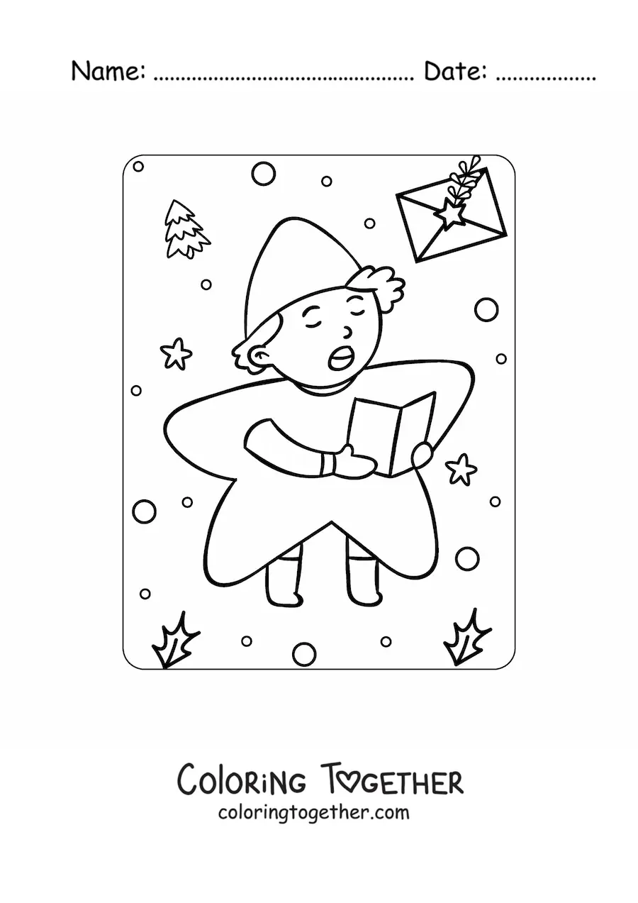 Coloring page of a boy dressed as a star singing Christmas carols