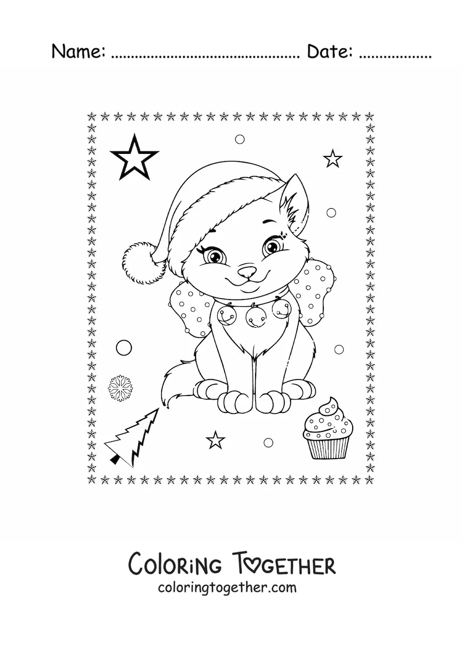 Coloring page of a kawaii Christmas cat with a bow