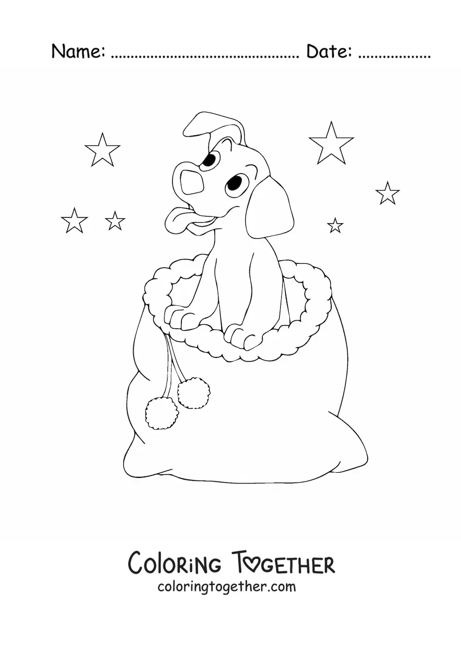 Coloring page of a kawaii Christmas dog in a sack of gifts