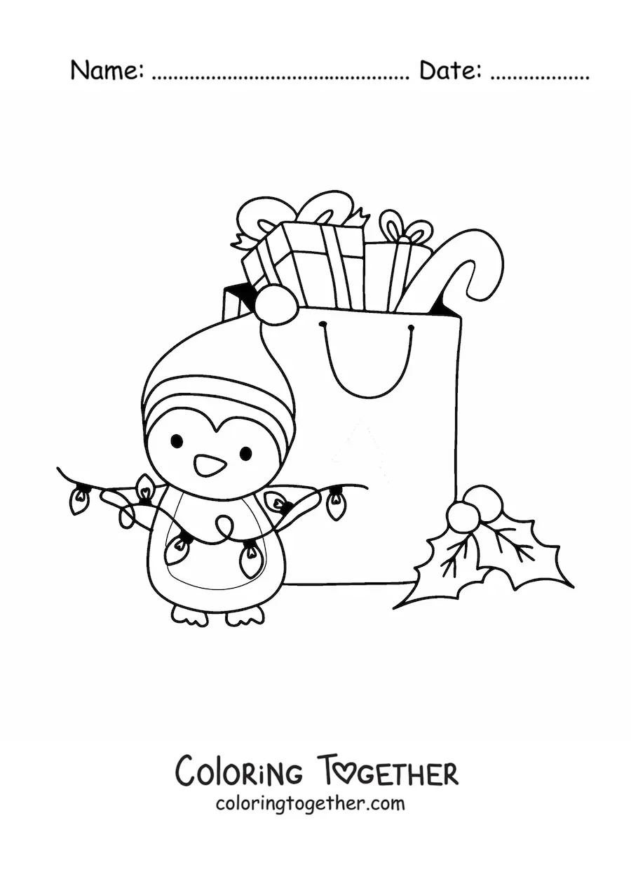 Coloring page of a kawaii Christmas penguin with gifts and lights