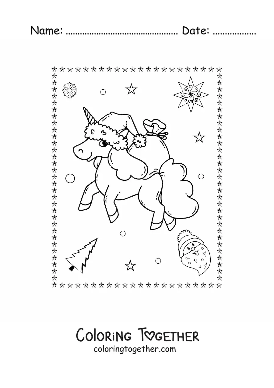 Coloring page of a kawaii Christmas unicorn with gifts