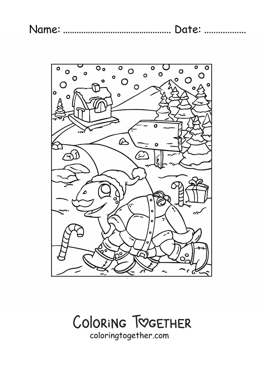 Coloring page of a cartoon Christmas turtle