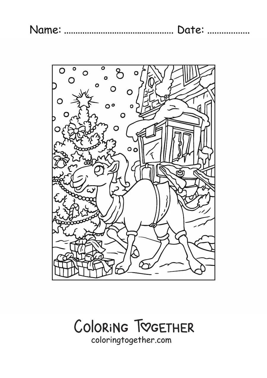 Coloring page of a cartoon Christmas camel
