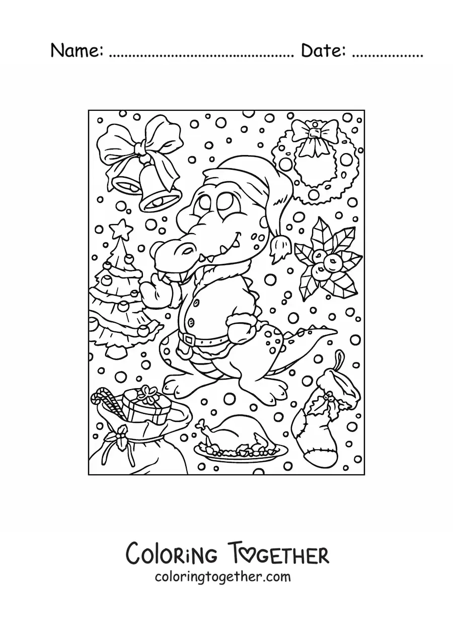 Coloring page of a cartoon Christmas crocodile