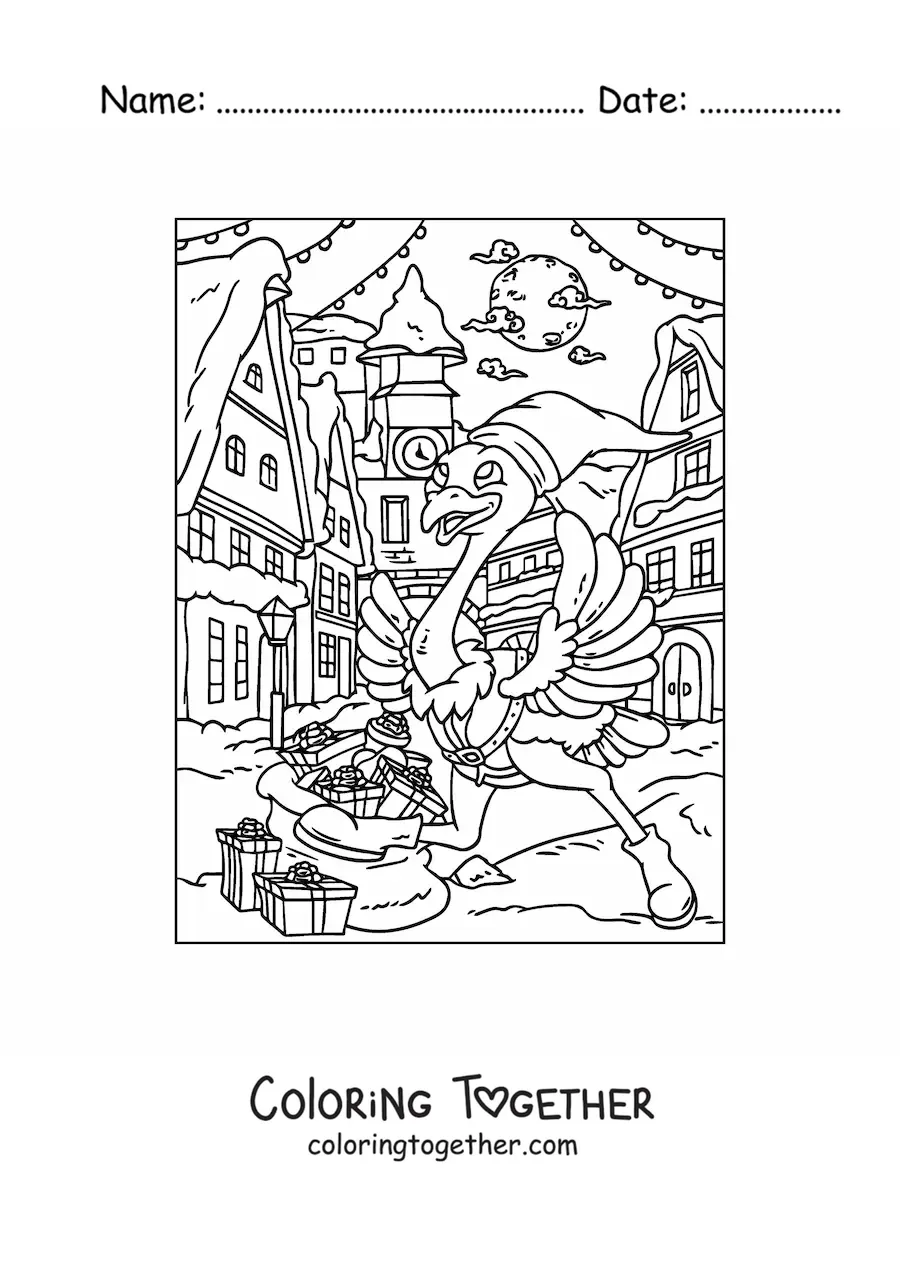 Coloring page of a cartoon Christmas ostrich