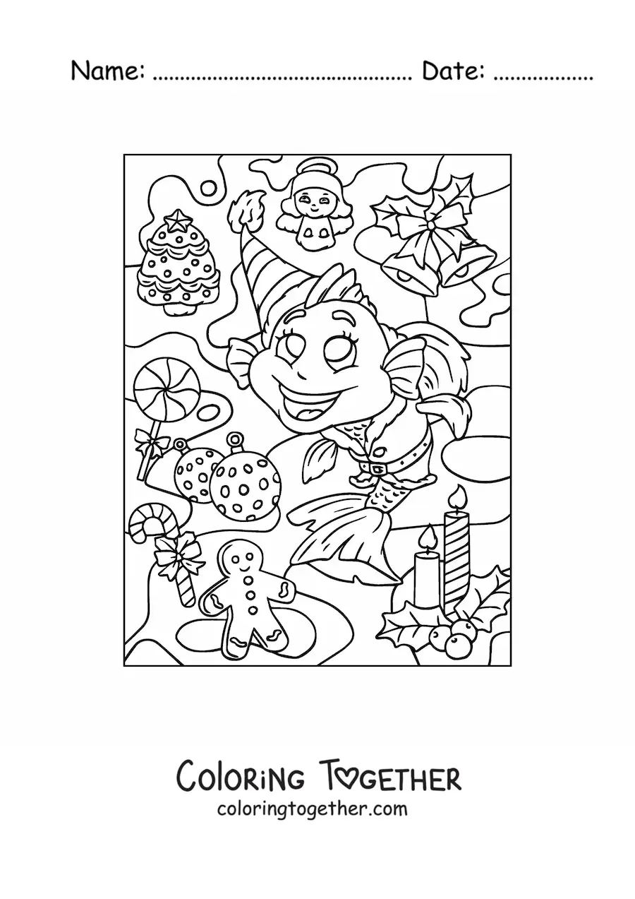 Coloring page of a cartoon Christmas fish