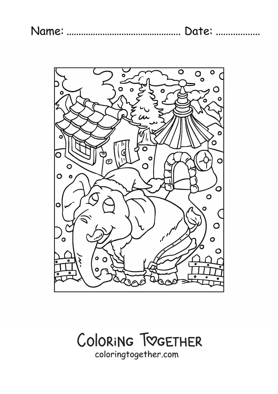 Coloring page of a cartoon Christmas elephant