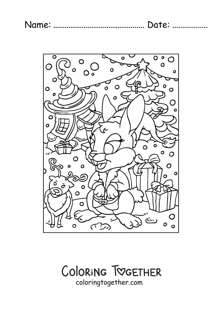 Coloring page of a cartoon Christmas rabbit