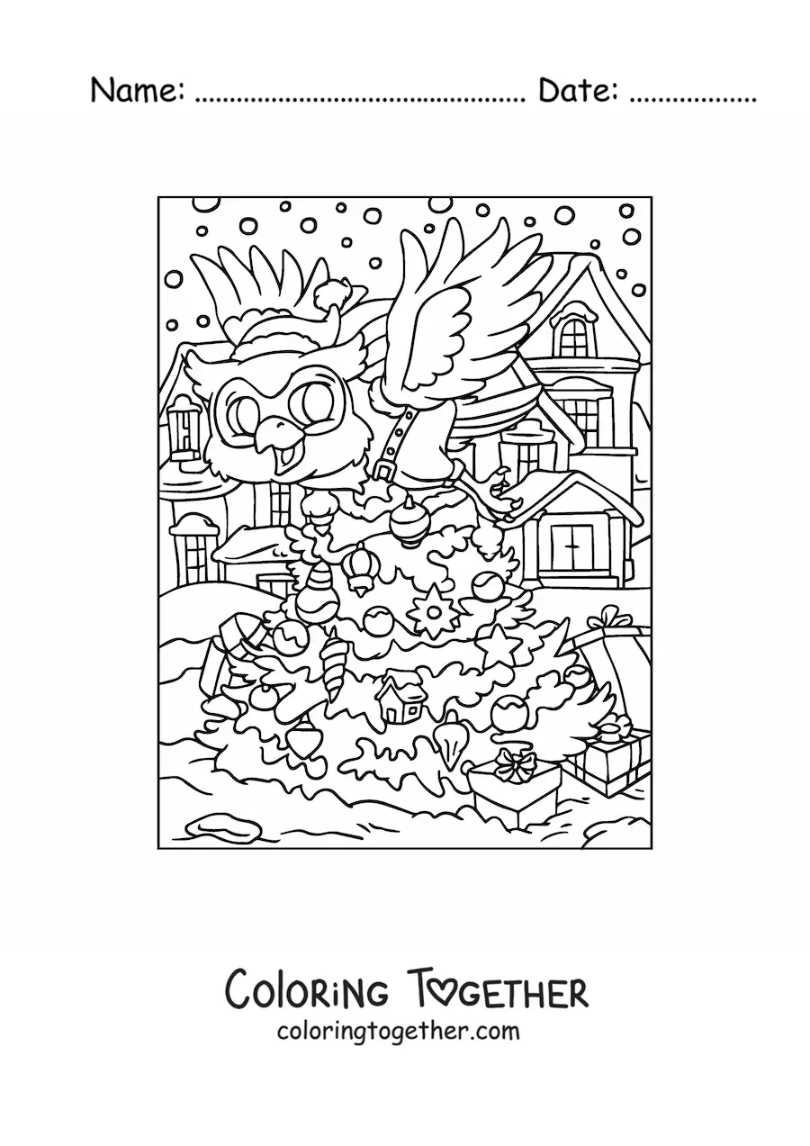 Coloring page of a cartoon Christmas owl