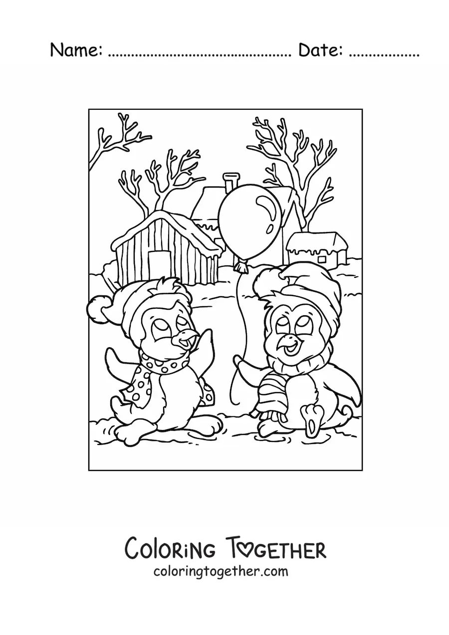 Coloring page of cartoon Christmas penguins