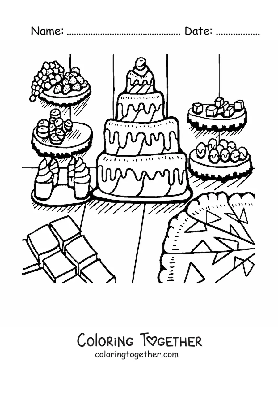 Coloring page of several cakes and desserts