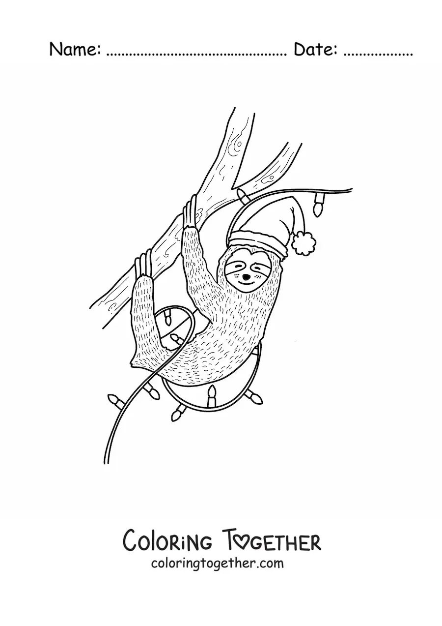 Coloring page of a cartoon Christmas sloth