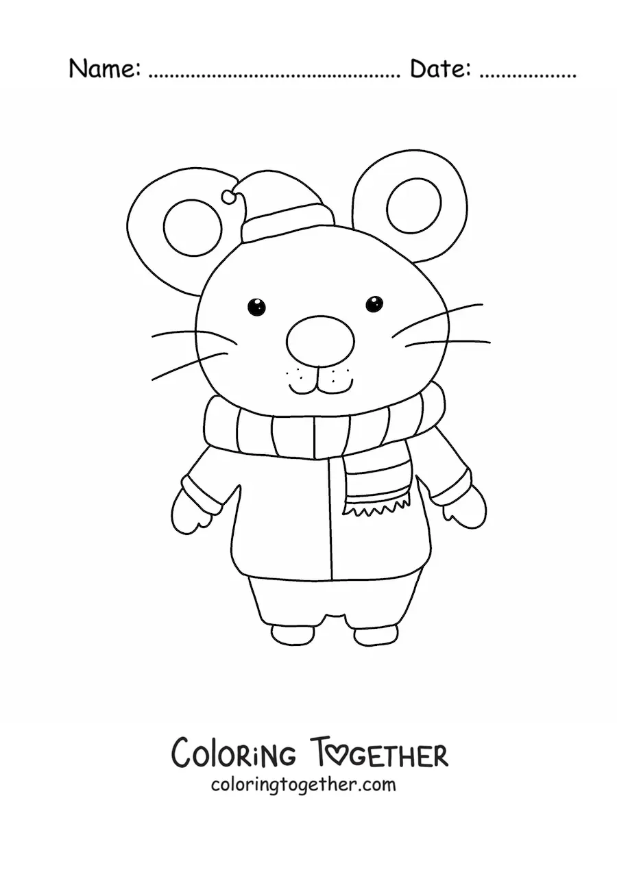 Coloring page of a cartoon Christmas mouse