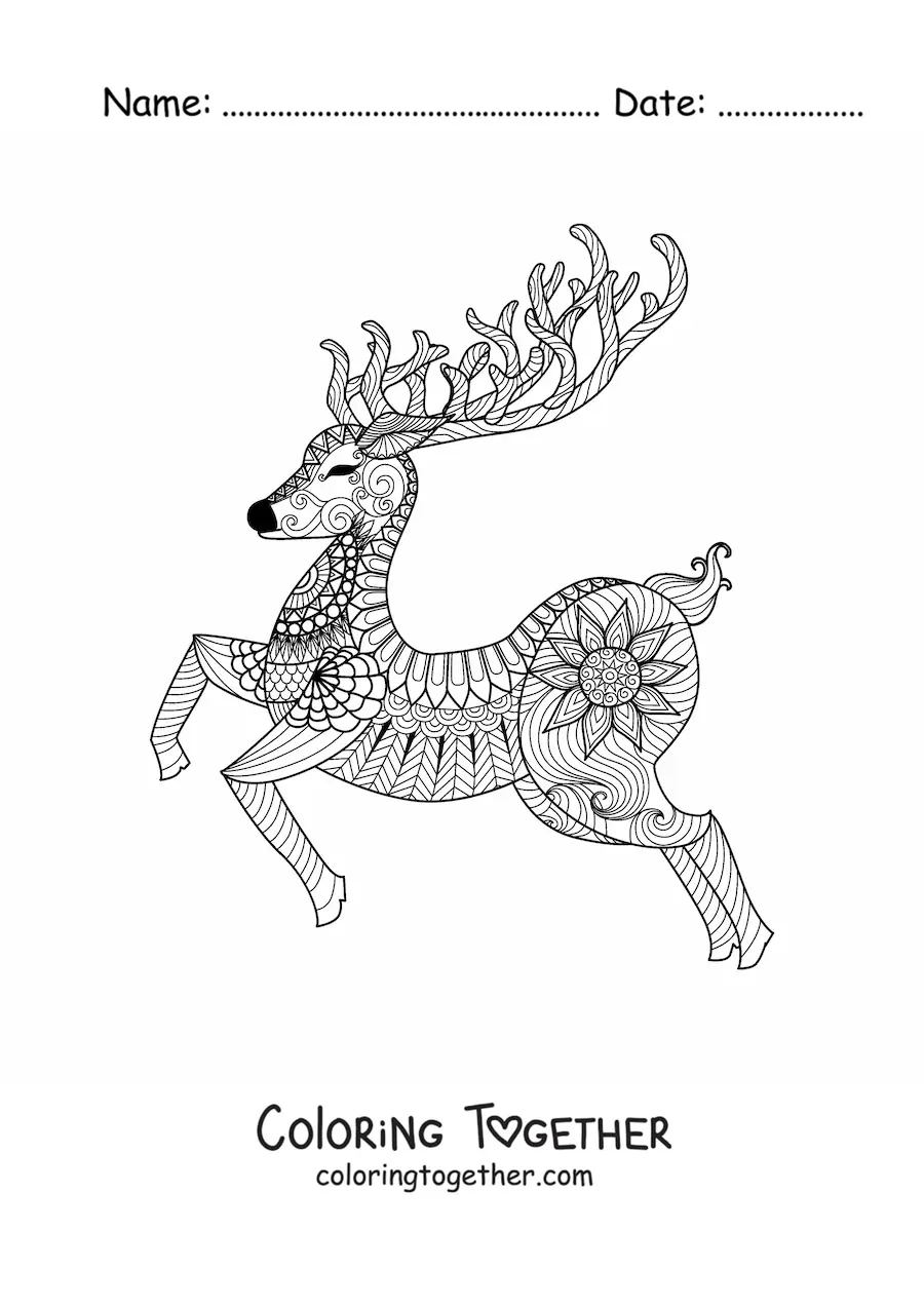 Coloring page of a Christmas deer in zentangle style
