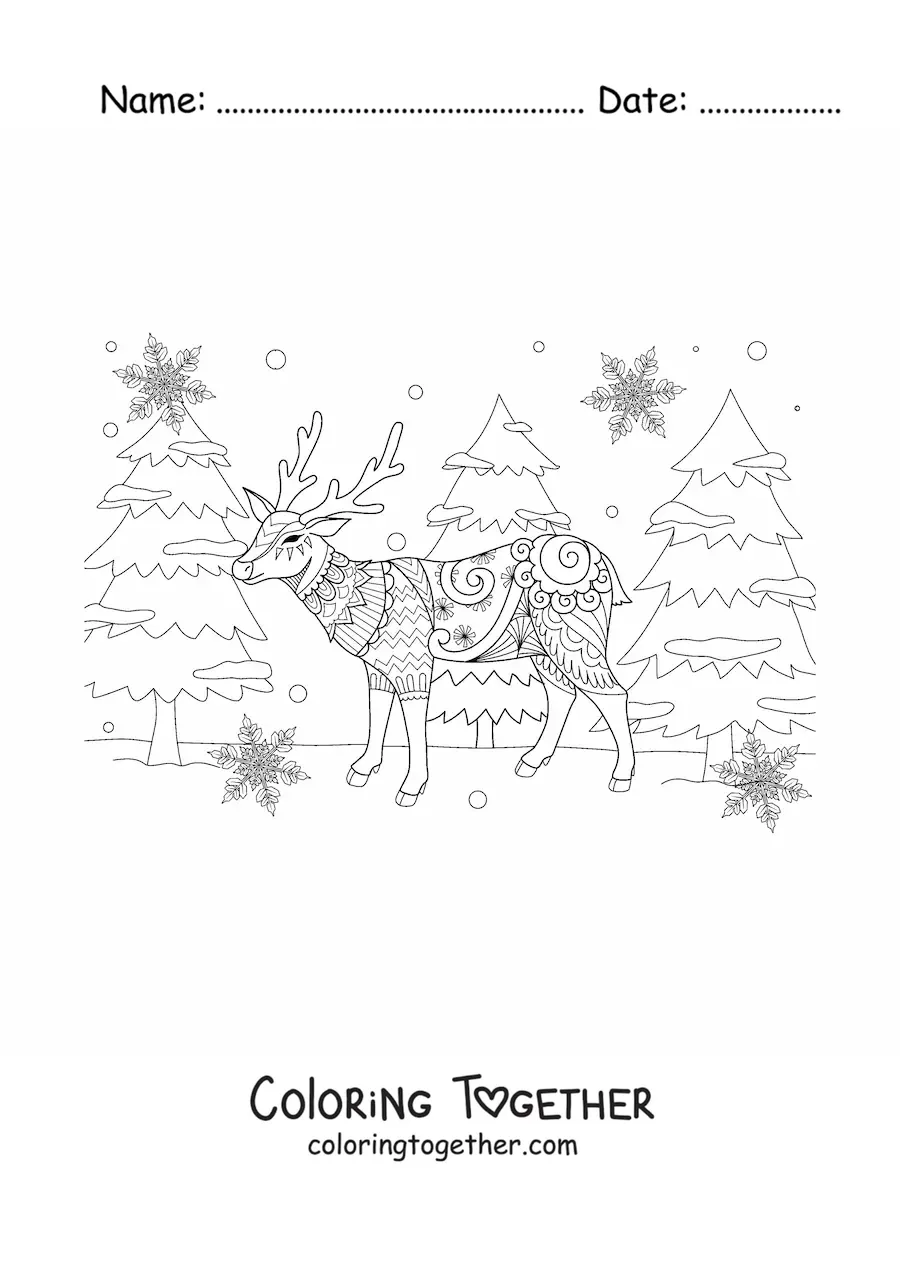 Coloring page of a Christmas deer in zentangle style with pine trees