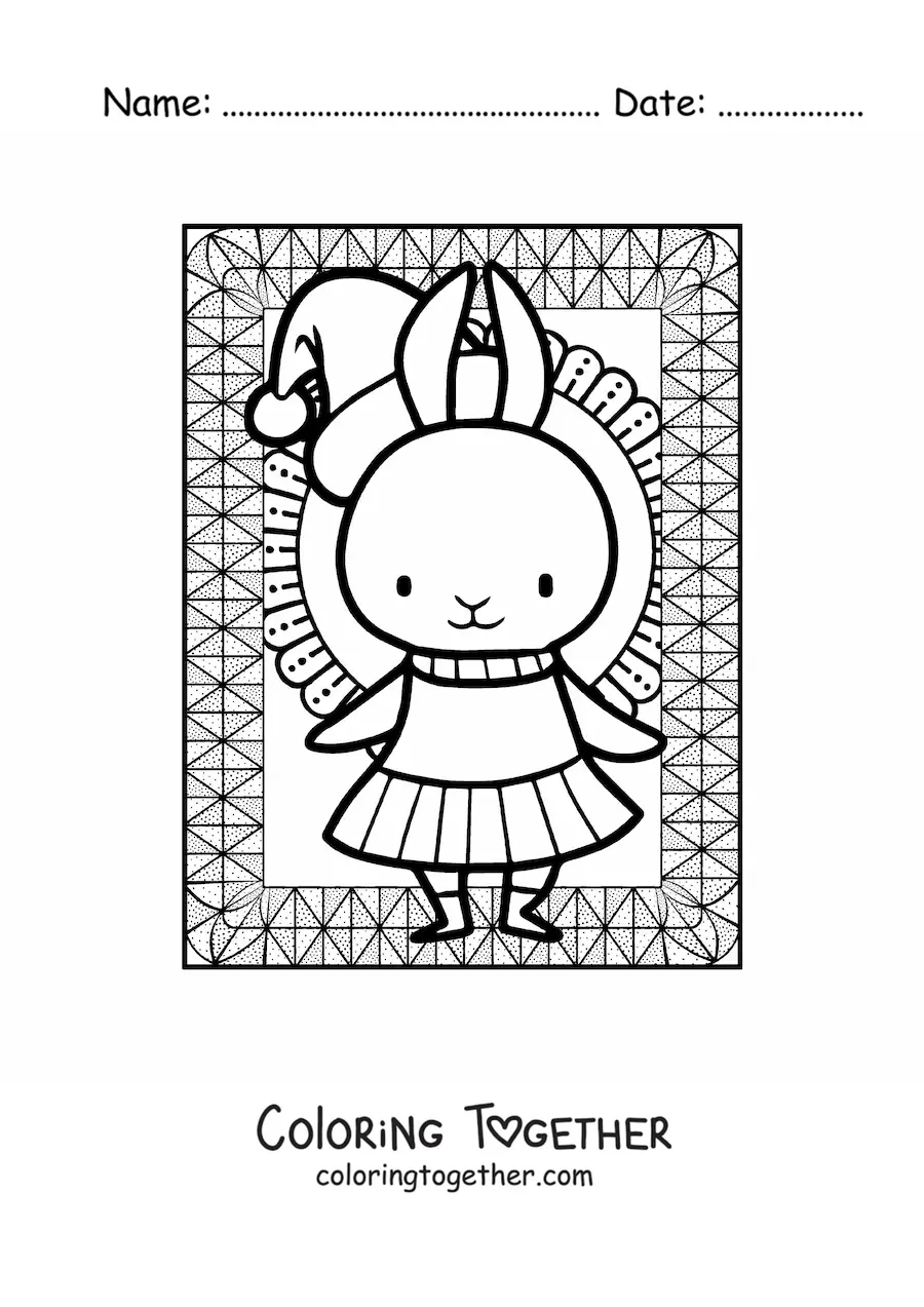 Coloring page of a kawaii Christmas bunny girl
