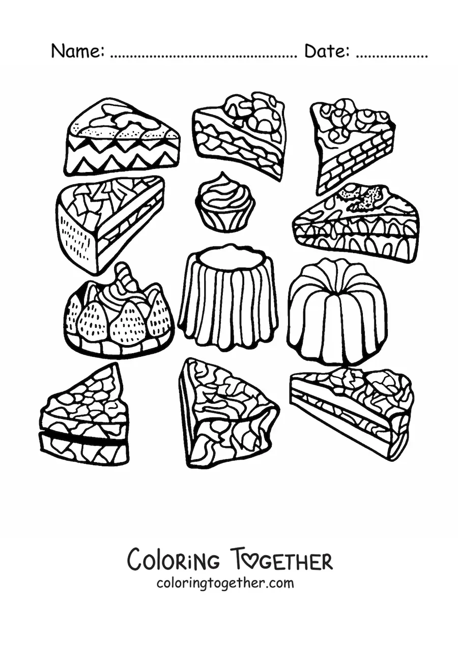 Coloring page of several slices of cakes and desserts