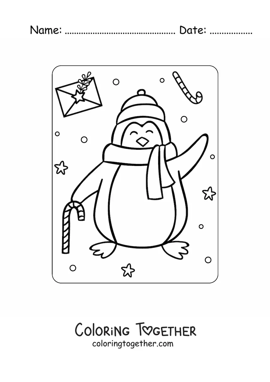 Coloring page of a Christmas penguin with a scarf
