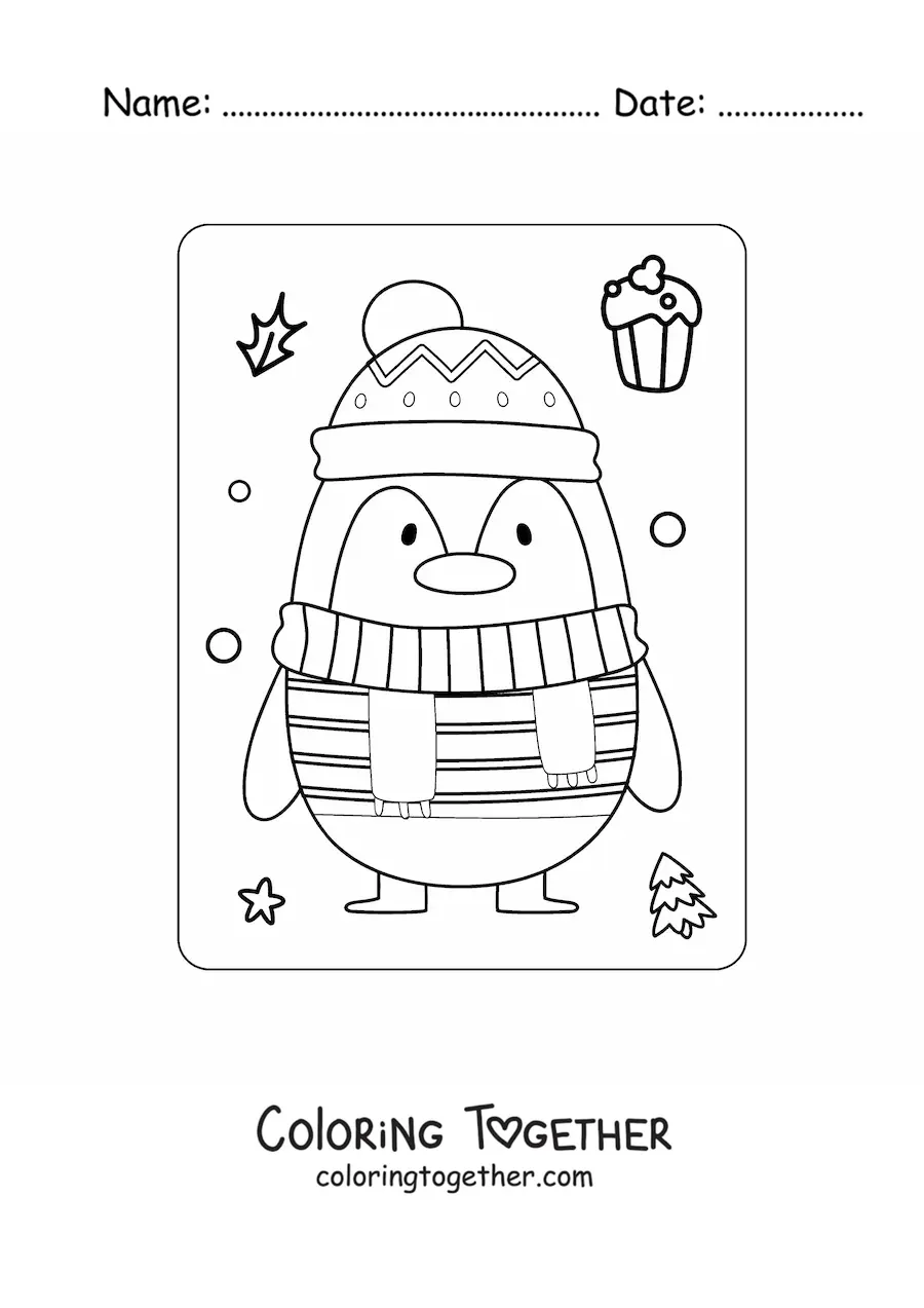 Coloring page of a Christmas penguin with a scarf and hat
