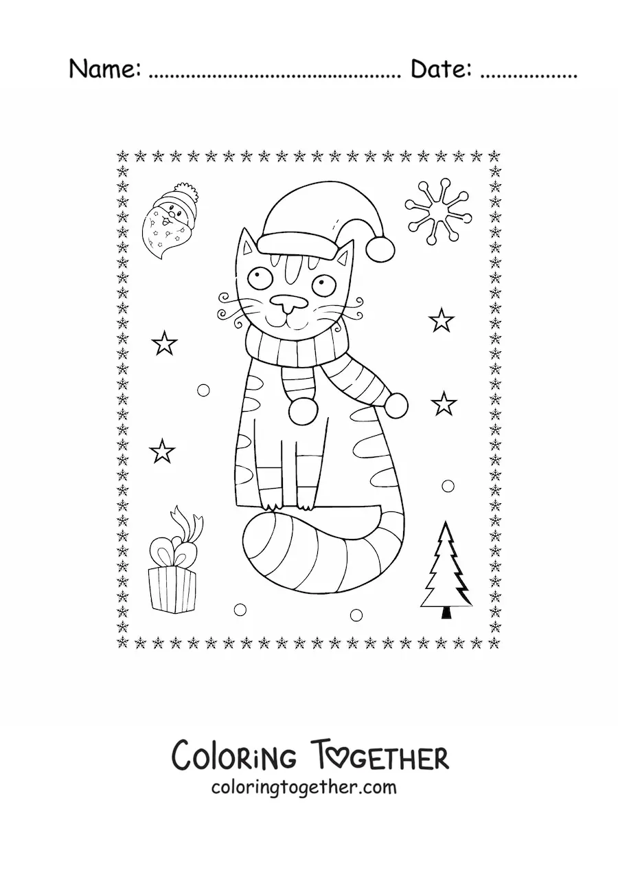 Coloring page of a Christmas cat with a scarf