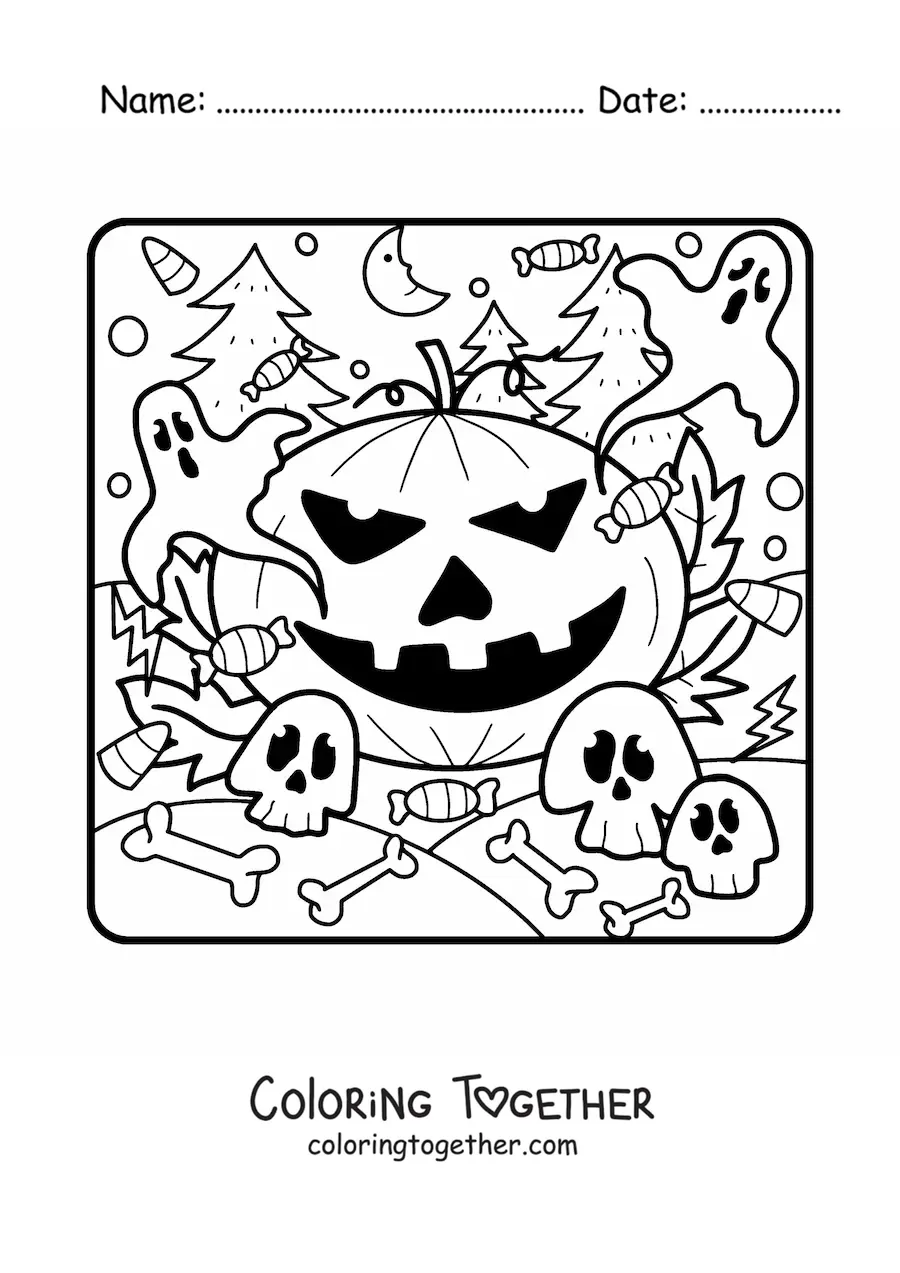 Coloring page of a big Halloween pumpkin with ghosts