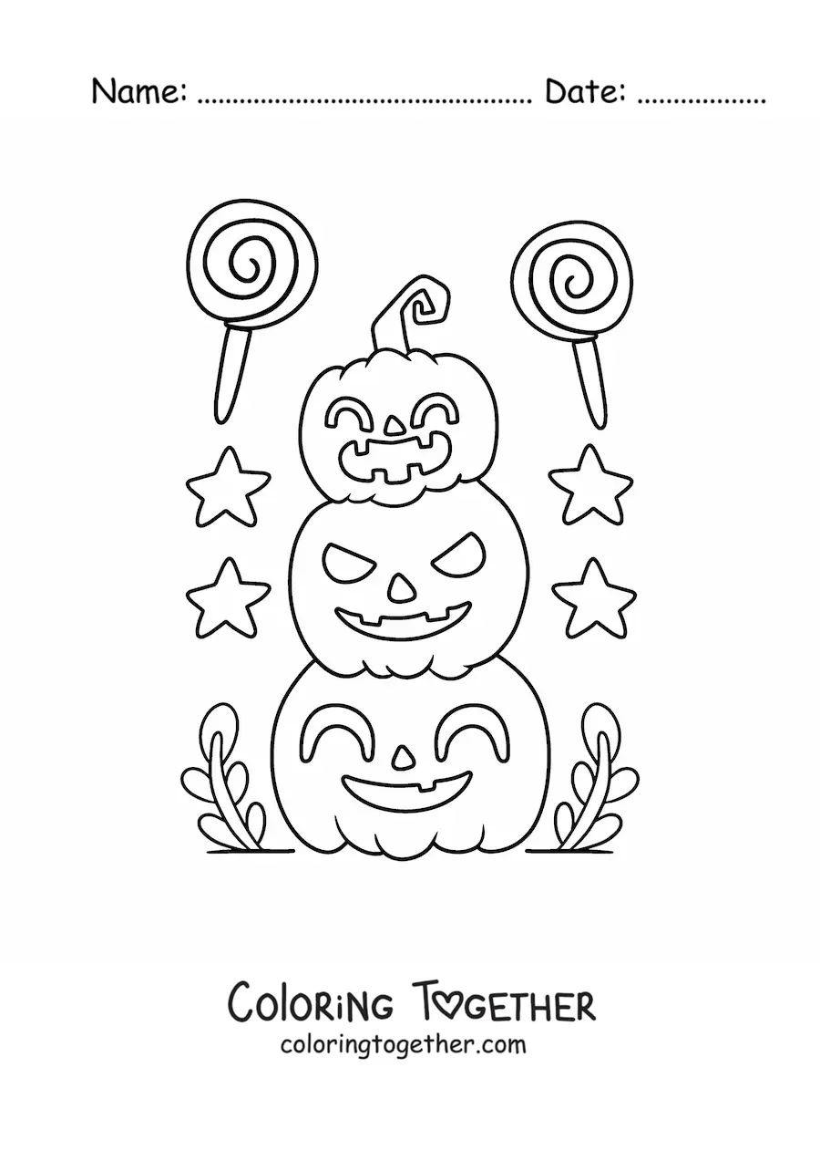 Coloring page of cute Halloween pumpkins with candy