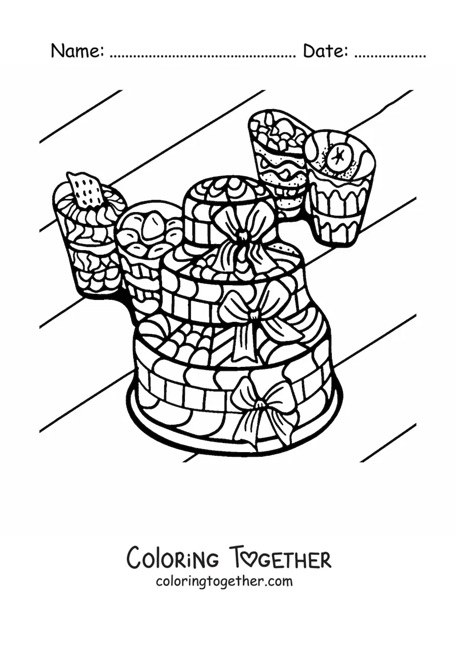 Coloring page of a cake next to several desserts