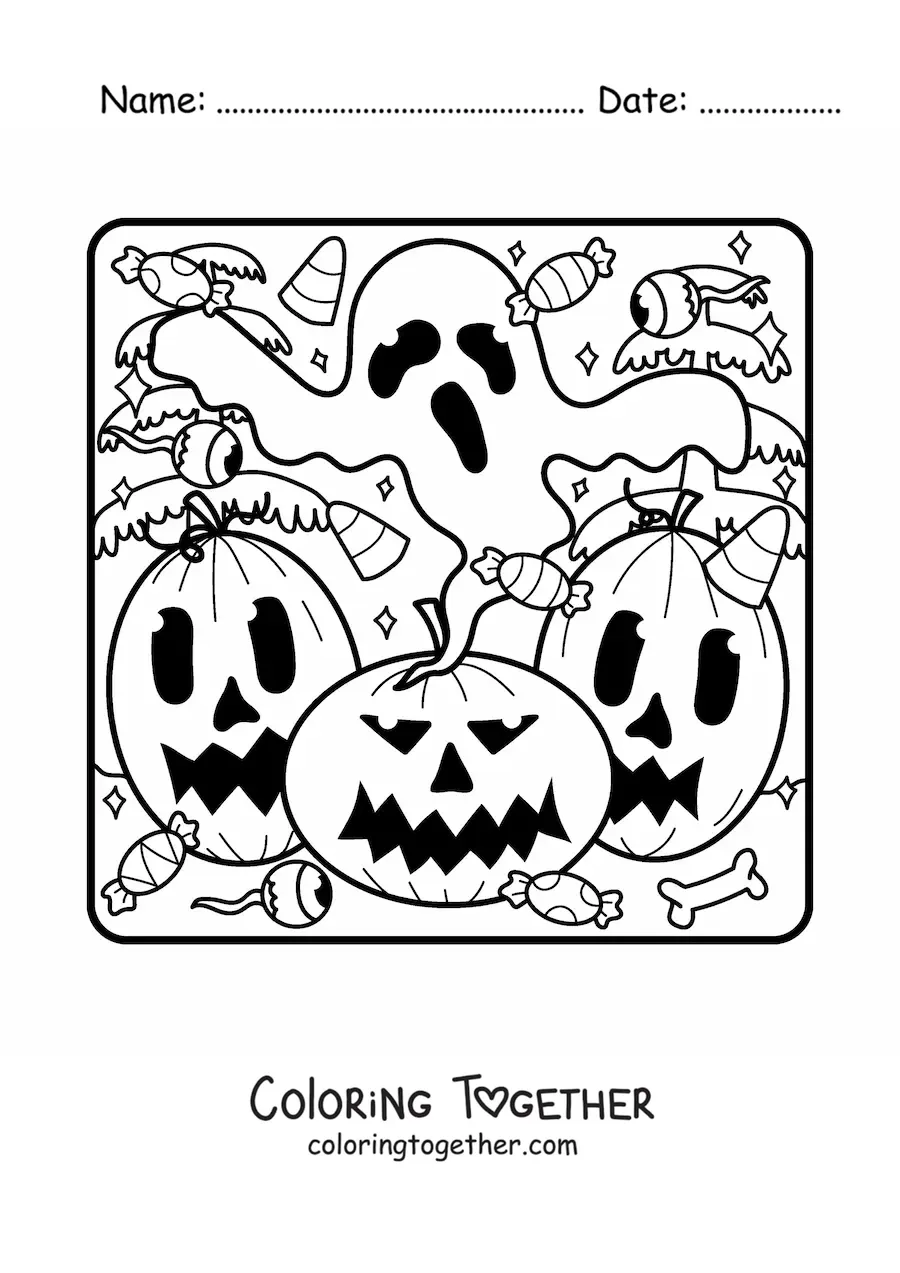 Coloring page of Halloween pumpkins together with a ghost