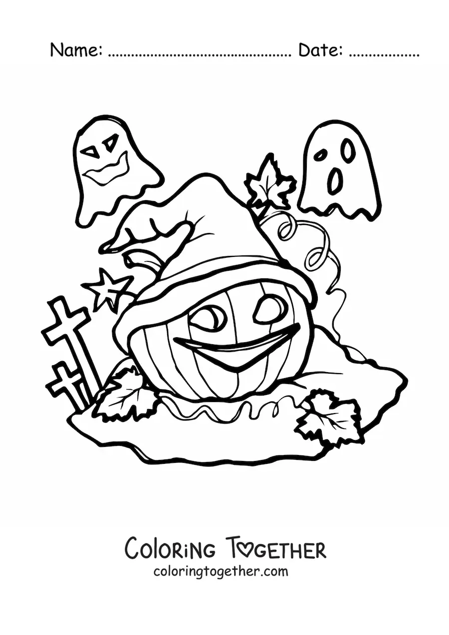 Coloring page of a jumbo Halloween pumpkin with a hat