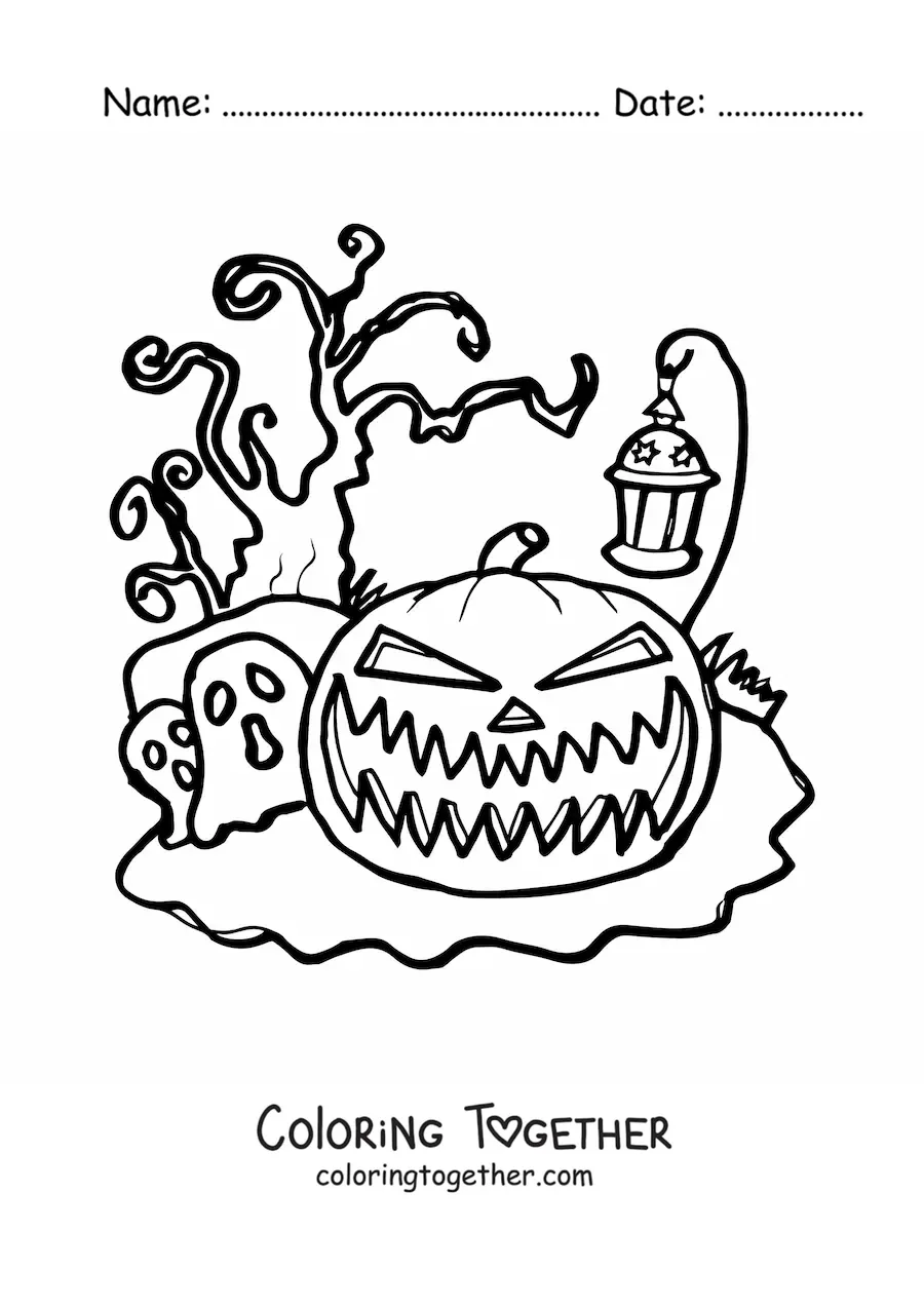 Coloring page of a scary Halloween pumpkin with a lantern