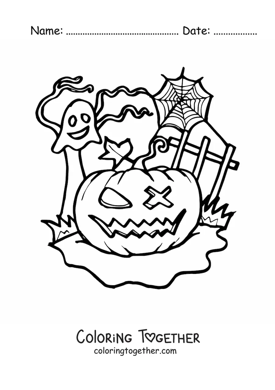 Coloring page of a scary Halloween pumpkin with a ghost and cobwebs