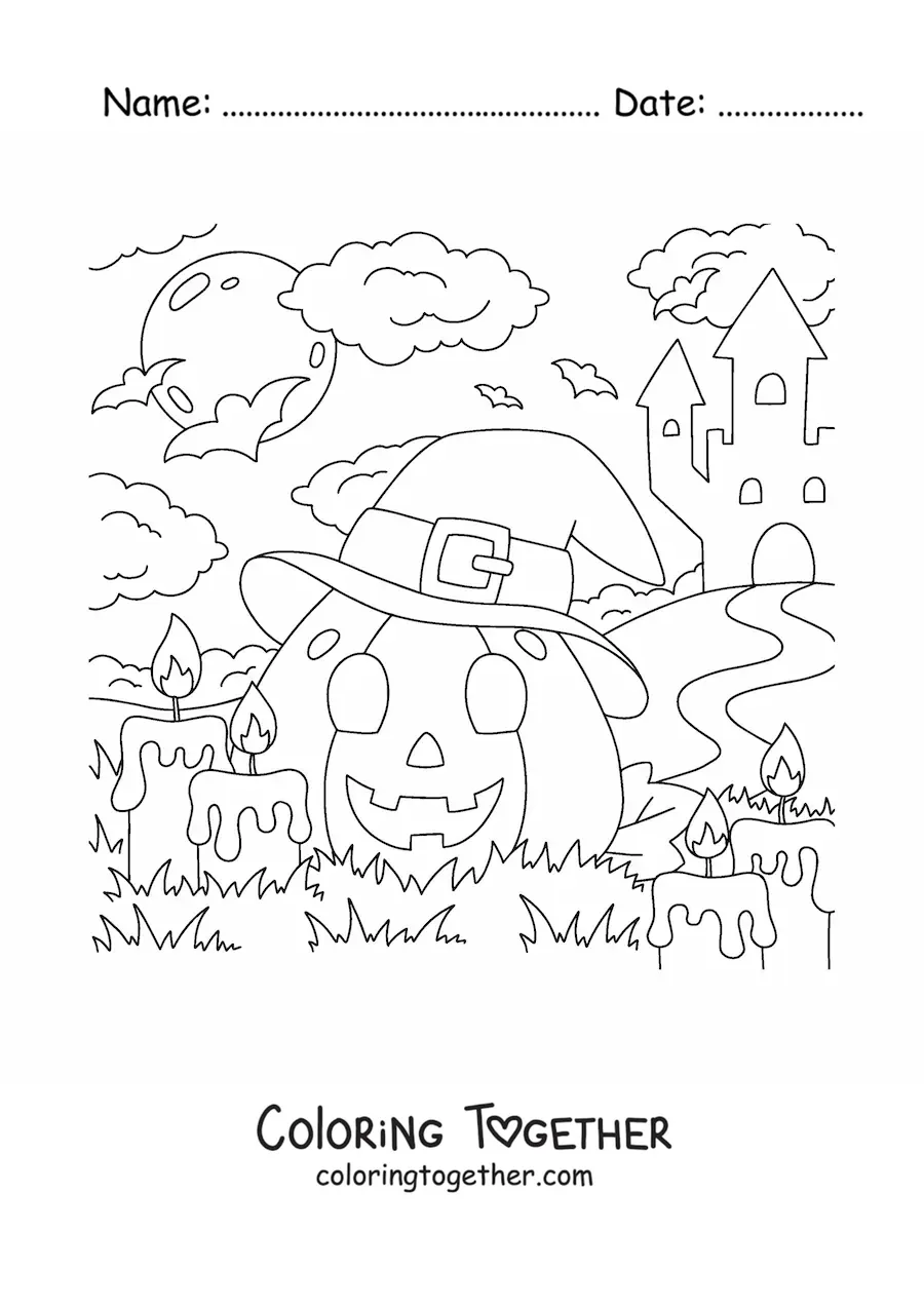 Coloring page of a kawaii Halloween pumpkin with a hat and candles