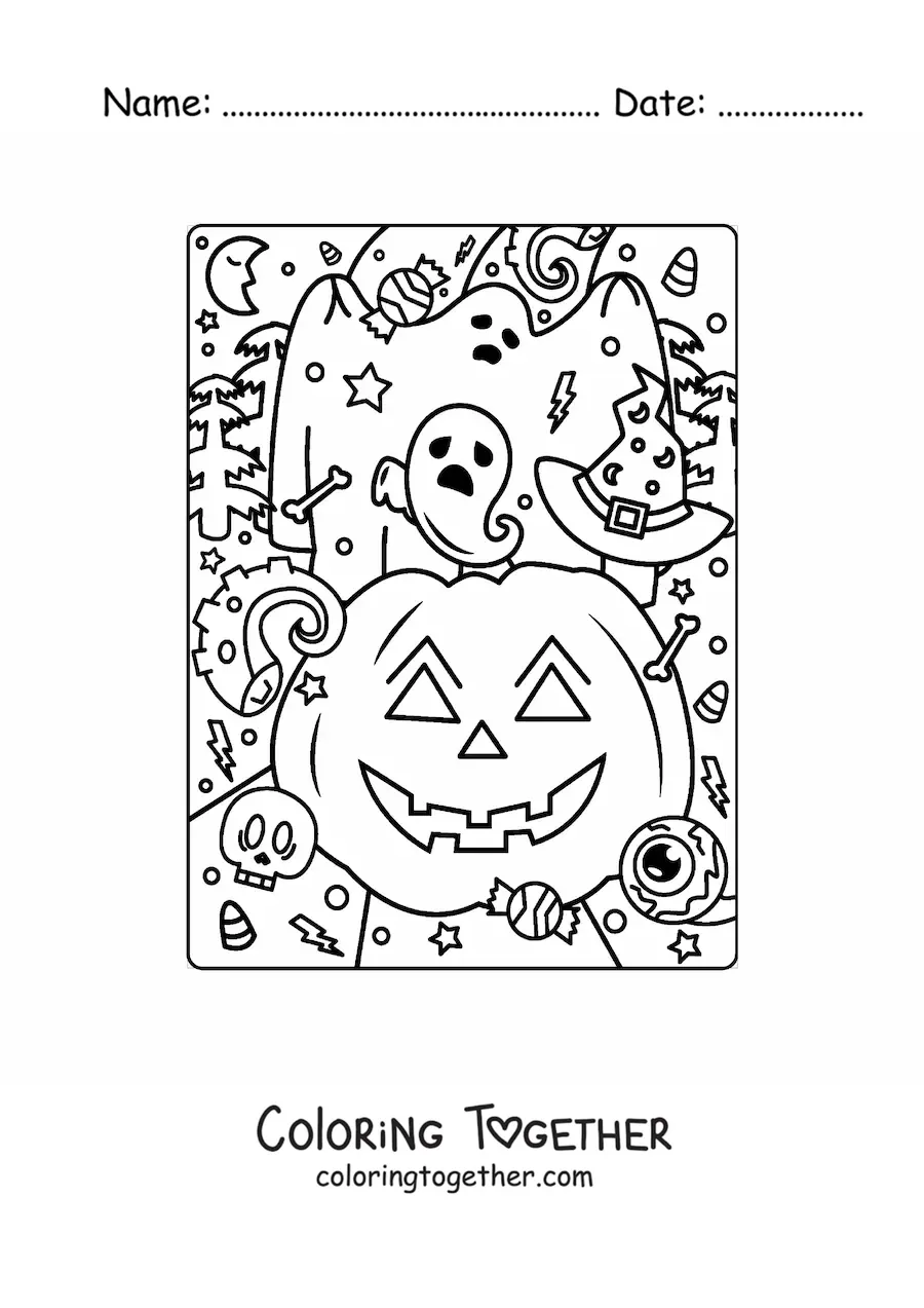 Coloring page of a cute Halloween pumpkin with a ghost and candy