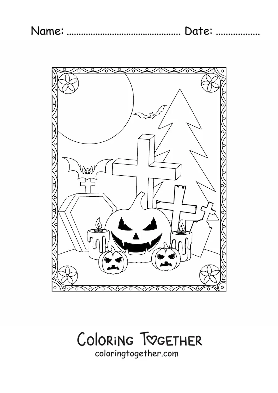 Coloring page of spooky Halloween pumpkins with graves and bats